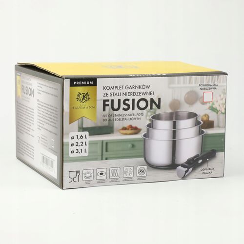 ZESTAW GARNKÓW STALOWYCH GARNKI Z ODPINANĄ RĄCZKĄ 3 SZT FUSION 1,6/2,2/3,1L na Arena.pl