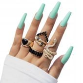 ZESTAW Złotych PIERŚCIONKÓW RETRO PUNK 5 Sztuk WĄŻ Serce CZARNY