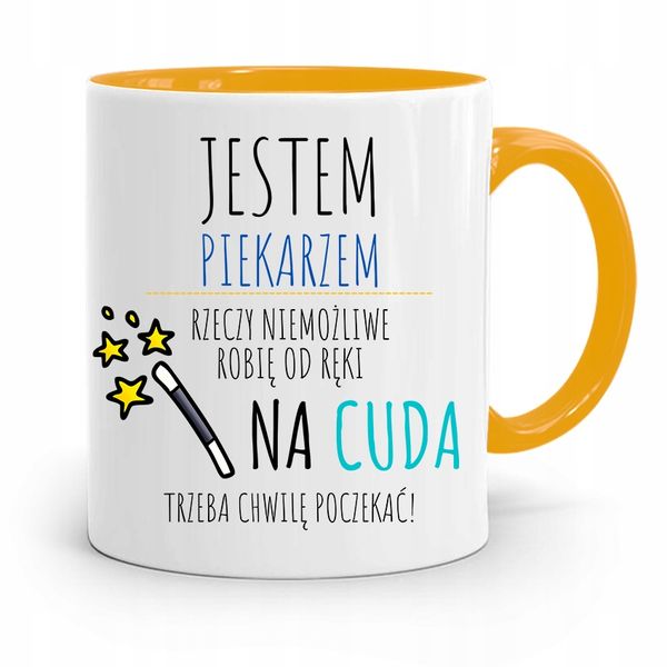 Kubek Żółty Dla Piekarza Na Cuda Trzeba Poczekać! Z Nadrukiem Ze Zdjęciem zdjęcie 1