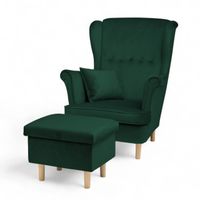 Zielony Fotel Uszak + Podnóżek ze schowkiem + Poduszka