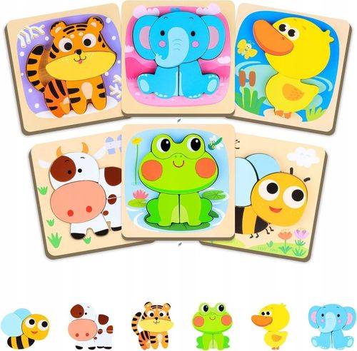 UKŁADANKA DREWNIANA KLOCKI PUZZLE ZWIERZĄTKA MONTESSORI 6SZT na Arena.pl