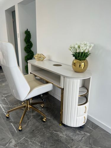 Biurko kosmetyczne z otworem na pochłaniacz biało-złote 140 x 45 x 78 na Arena.pl