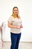 Beżowa Bluzka Damska z Dekoltem V i Krótkim Rękawem 42