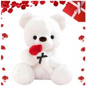 DUŻY PLUSZOWY MIŚ Z RÓŻĄ PREZENT DLA DZIEWCZYNY NA WALENTYNKI URODZINY 32cm