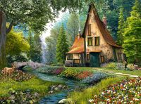 PUZZLE 2000 UKŁADANKA KRAJOBRAZ WIDOK DOMEK W LESIE KWIAT RZEKA MOST