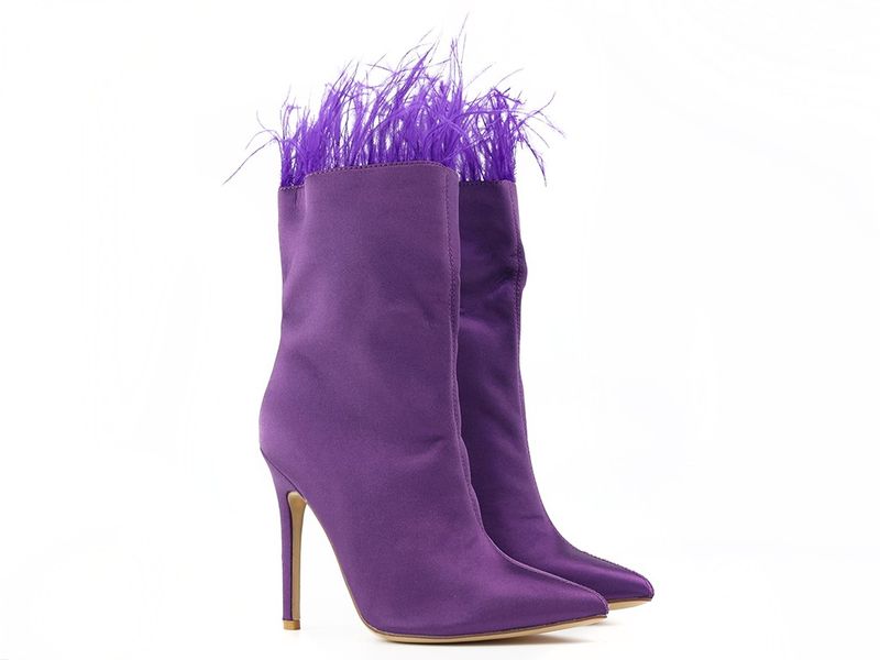 Fioletowe botki damskie na szpilce z piórkami 38 zdjęcie 2