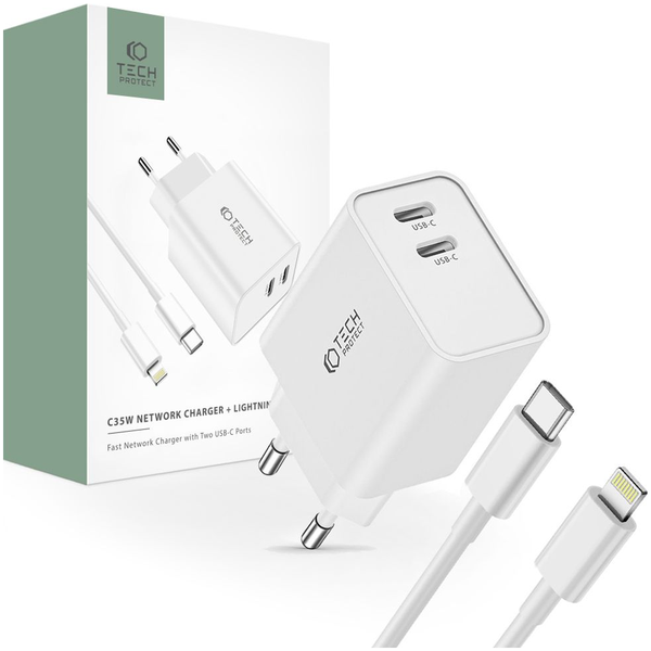 tech-protect c35w 2-port network charger pd35w + lightning cable white zdjęcie 1