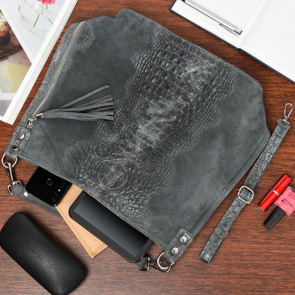 VERA PELLE torebka zamszowa worek kroko z paskiem na ramię V476 c.szara zdjęcie 4