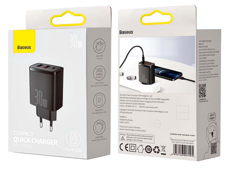 BASEUS SZYBKA ŁADOWARKA SIECIOWA DO TELEFONU 3X USB USB-C 30W PD QC 3.0 AFC zdjęcie 8