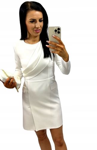 Elegancka sukienka z szarfą, plisą idealna na komunię i chrzciny ECRU M na Arena.pl