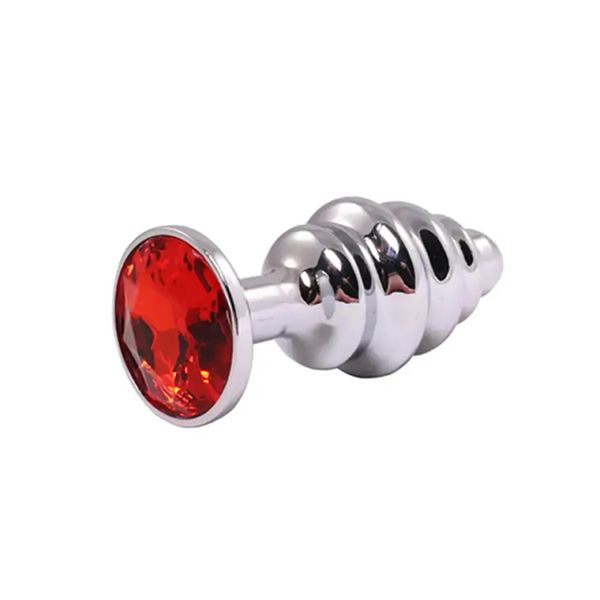 Silver Medium Ribbed Butt Plug With Red Crystal zdjęcie 1