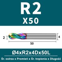 Frez kulowy, kula 2-ostrzowy VHM powłoka DLC Rozmiar: Ø4.0xR2x4Dx50L