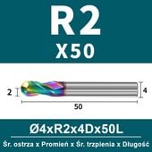 Frez kulowy, kula 2-ostrzowy VHM powłoka DLC Rozmiar: Ø4.0xR2x4Dx50L