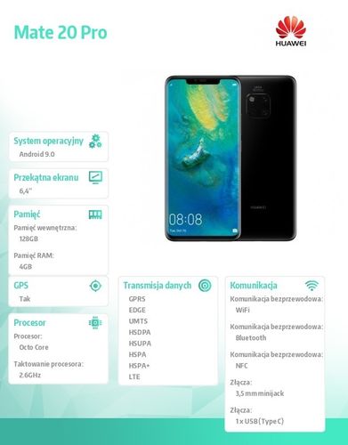 Huawei Smartfon Mate 20 Pro DUAL SIM Czarny na Arena.pl