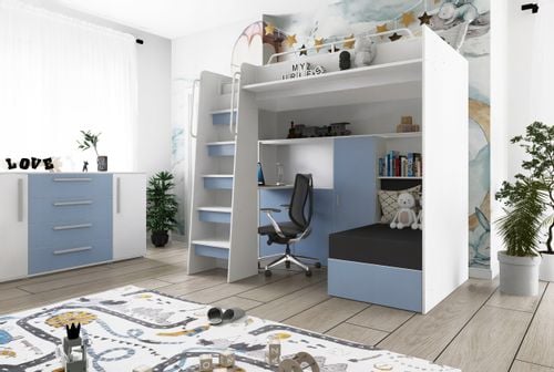 Łóżko piętrowe JSM7 z sofą i biurkiem granatowe + materac Elena na Arena.pl