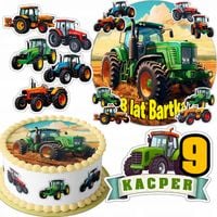 ZESTAW OPŁATEK NA TORT 20CM + 16 POSTACI - TRAKTOR CIĄGNIK + IMIĘ 15CM 18CM