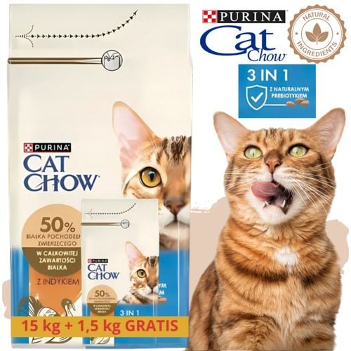 sucha karma dla kota cat chow 3w1 indyk z prebiotykiem 15 kg + 1.5kg gratis na Arena.pl