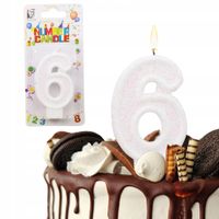 ŚWIECZKA URODZINOWA LICZBA 6 SZEŚĆ BIAŁA BROKATOWA NA TORT CYFRA SZÓSTKA