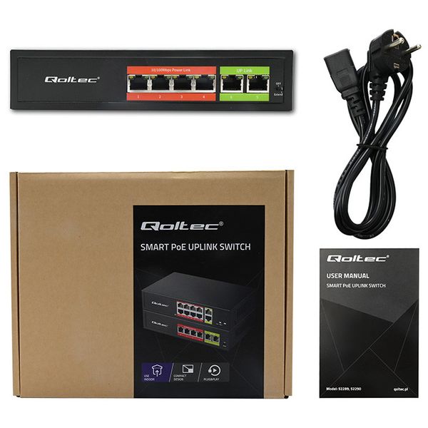 Qoltec Switch PoE 4x RJ45 + 2x Uplink, 65W, Fast Ethernet zdjęcie 11