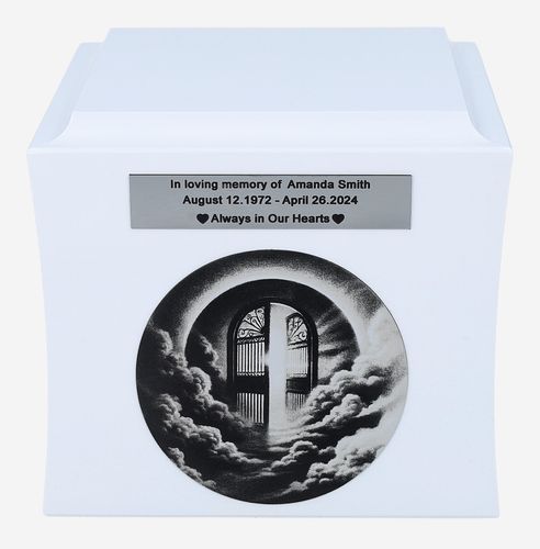 Urna z Bramą Nieba, symboliczna urna pogrzebowa Biały / Wzór1 / Tabliczka na Arena.pl