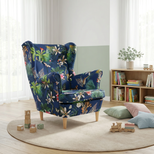Fotel uszak skandynawski wzorzysty niebieski liście Ari Print Family Meble na Arena.pl