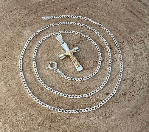 Srebrny łańcuszek i krzyżyk zestaw komunijny 45 cm srebro pozłacany prezent na Arena.pl