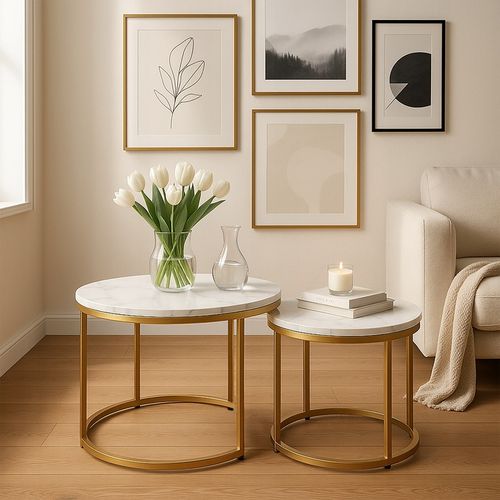 STOLIKI KAWOWE ZESTAW 2w1 ROZKŁADANE DO SALONU GLAMOUR MARMUR BIAŁY na Arena.pl