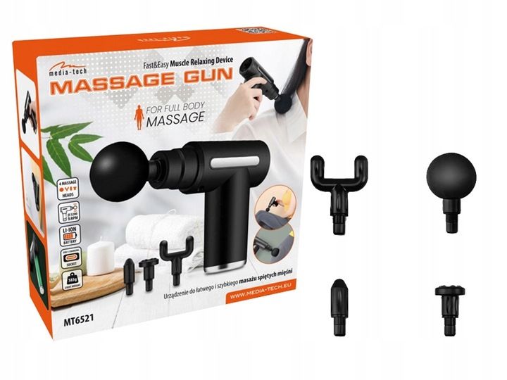 PISTOLET DO MASAŻU MASAŻER DO PLECÓW CIAŁA MASSAGE GUN MT6521 4 GŁOWICE zdjęcie 3