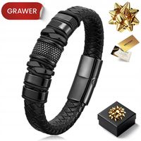 CZARNA SKÓRZANA BRANSOLETKA MĘSKA TYTANOWA Z GRAWEREM REGULOWANA NA