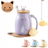 ZESTAW KUBEK Z KOTEM KOT ŁYŻKA PODKŁADKA SITKO Z HERBATĄ PORCELANOWY 380ml