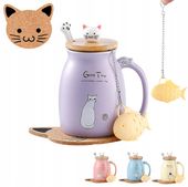 ZESTAW KUBEK Z KOTEM KOT ŁYŻKA PODKŁADKA SITKO Z HERBATĄ PORCELANOWY 380ml