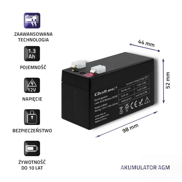 Qoltec Akumulator AGM | 12V | 1.3Ah | max 19.5A zdjęcie 3