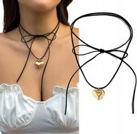 NASZYJNIK CZARNY CHOKER SERCE ZŁOTY RETRO RZEMYK DŁUGA TASIEMKA NA SZYJĘ