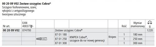 KNIPEX Zestaw szczypiec COBRA do rur klucz 00 20 09 V02 3szt na Arena.pl