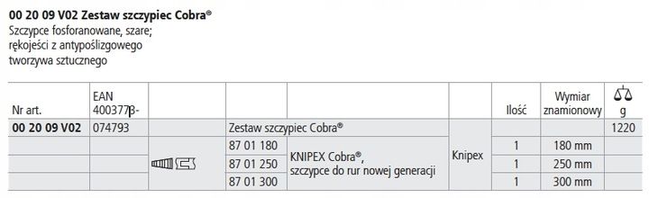 KNIPEX Zestaw szczypiec COBRA do rur klucz 00 20 09 V02 3szt zdjęcie 3