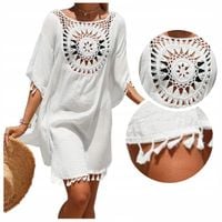 PAREO letnia sukienka plażowa NARZUTKA tunika BOHO biała frędzelki KORONKA