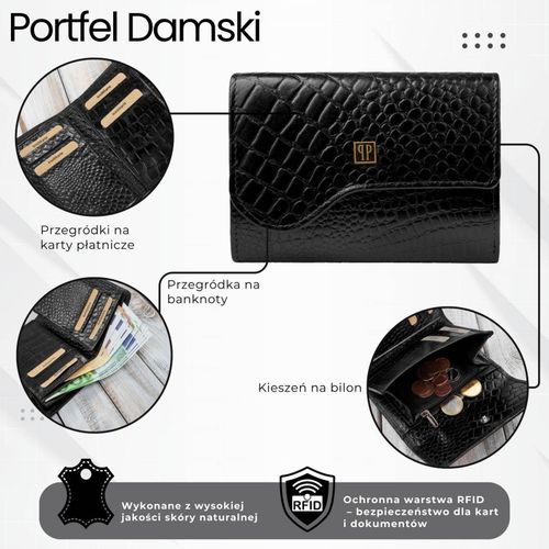 portfel damski skórzany mały czarny croco w orientacji poziomej na Arena.pl