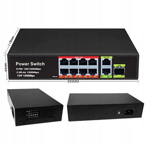 Switch POE 8+2 8xPOE 2xUplink 10/100Mbps PoE+ do Kamer + funkcja EXTEND na Arena.pl