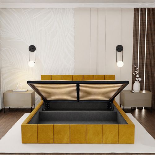 ŁÓŻKO TAPICEROWANE DO SYPIALNI 140x200 ŁÓŻKO PREMIUM Z POJEMNIKIEM ŻÓŁTE na Arena.pl