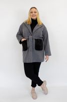 Popiel Płaszcz Damski Zimowy w Prążek Wiązany w Talii UNI