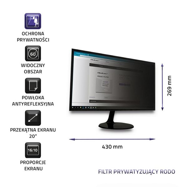 Qoltec Filtr prywatyzujący RODO 20" | 16:10 zdjęcie 3
