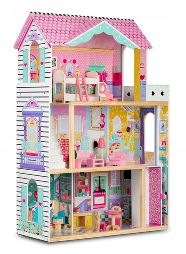 XXL DUŻY DREWNIANY RÓŻOWY DOMEK DLA LALEK MEBLE WINDA AKCESORIA LED na Arena.pl