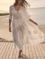 NEXT Biały - Kaftan maxi z haftem w 100% z bawełny XL