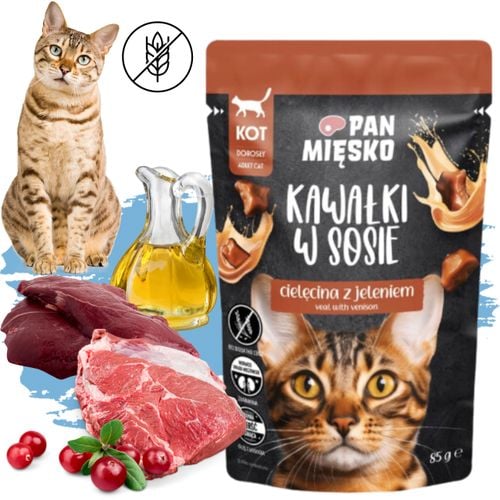 karma mokra dla kota kawałki mięsa cielęcina jeleń pan mięsko 85g bez zbóż na Arena.pl
