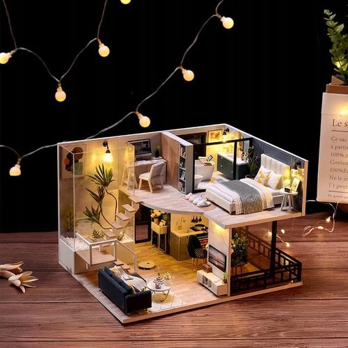 Domek dla Lalek Drewniany LED Piętrowy Retro Model do Złożenia DIY Meble na Arena.pl