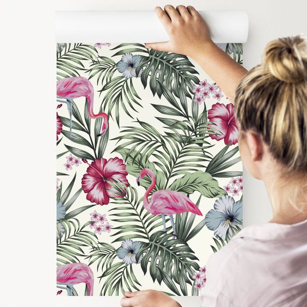 Tapeta w Rolce Tropikalna Ptaki Flamingi Liście i Kwiaty zdjęcie 4