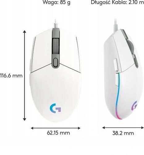 Myszka przewodowa LOGITECH G102 Lightsync Biała 910-005824 na Arena.pl