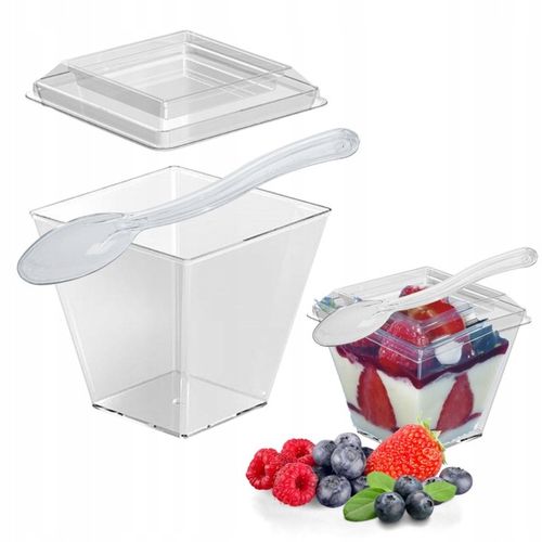 Pucharki plastikowe do deserów przekąsek 200ml z pokrywką i łyżeczką na Arena.pl