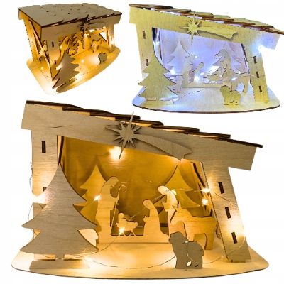 ŚWIĄTECZNA SZOPKA Z DREWNA BETLEJEM STAJENKA Z LAMPKAMI STOJĄCA OZDOBA 22CM na Arena.pl