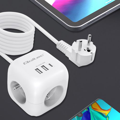Qoltec Kostka Zasilająca 6w1, USB-C PD 20W, 2m, Biała na Arena.pl